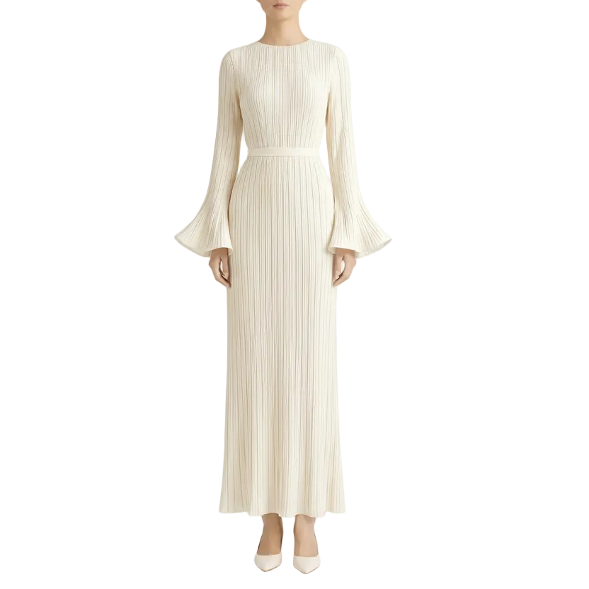 Women Maxi Dress Long Sleeve Pleated Back Tie Casual