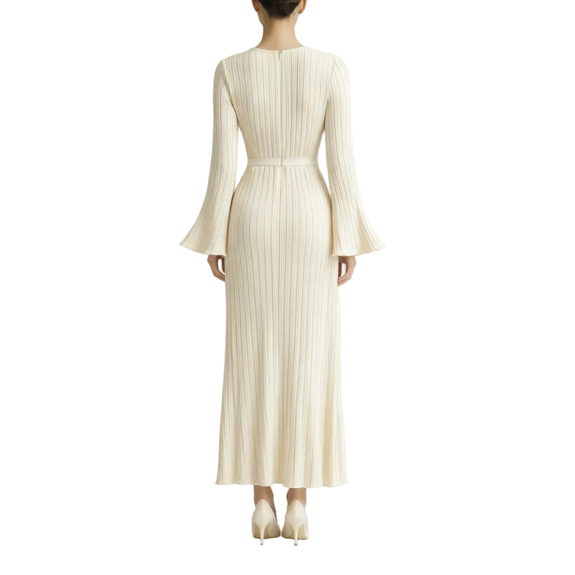 Women Maxi Dress Long Sleeve Pleated Back Tie Casual