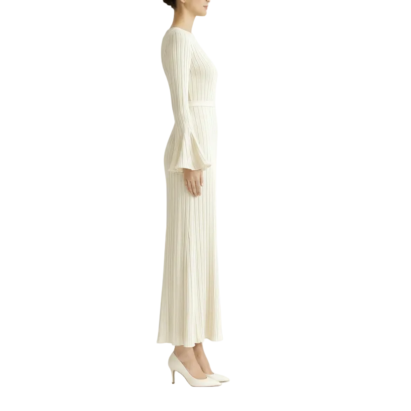 Women Maxi Dress Long Sleeve Pleated Back Tie Casual