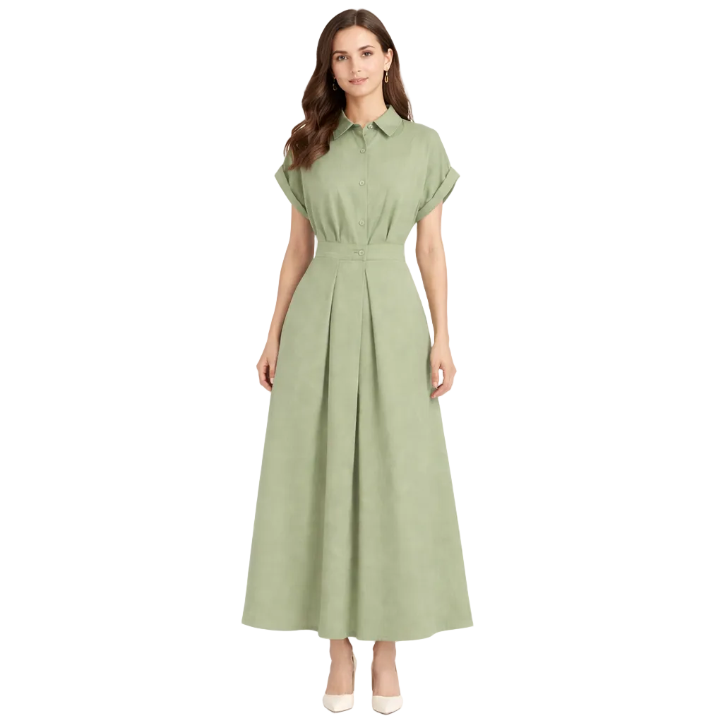 Women Shirt Dress Lapel Collar Button Front