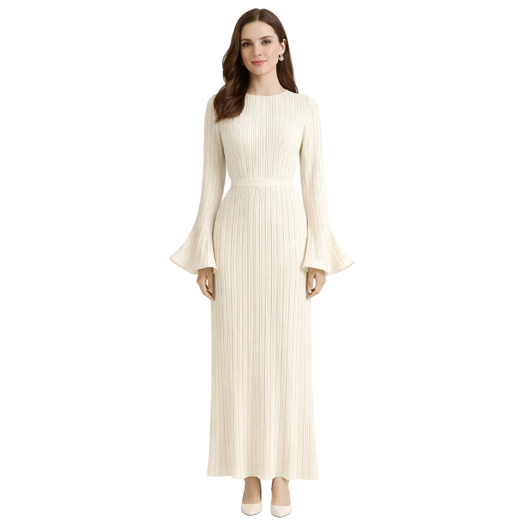 Women Maxi Dress Long Sleeve Pleated Back Tie Casual