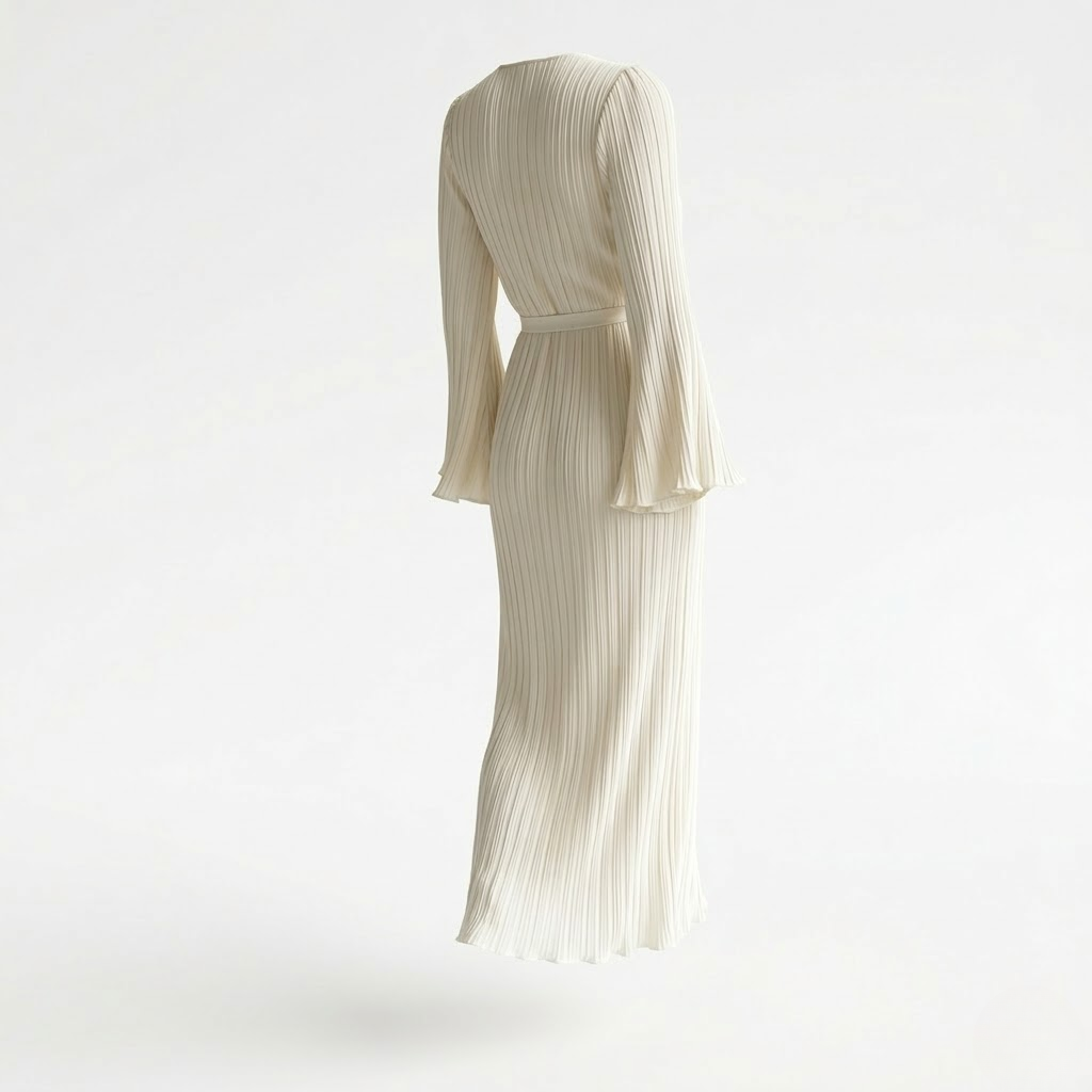 Women Maxi Dress Long Sleeve Pleated Back Tie Casual