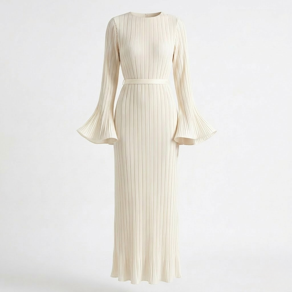 Women Maxi Dress Long Sleeve Pleated Back Tie Casual